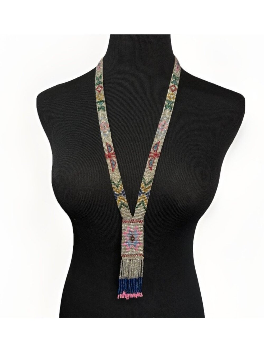 Vintage Clear Glass Seed Bead Morning Star Motif Long Necklace Native Style